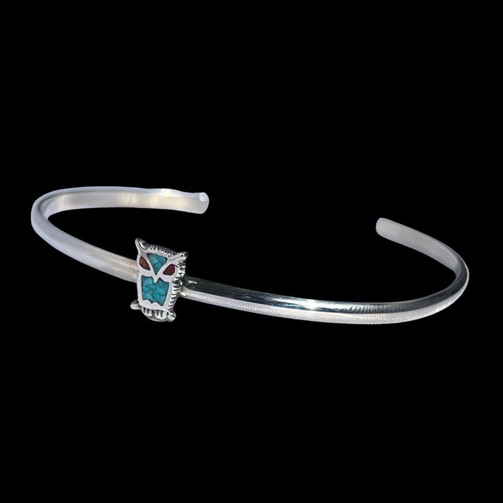 Sterling Silver Cuff Bracelet with a Turquoise and Coral Owl
